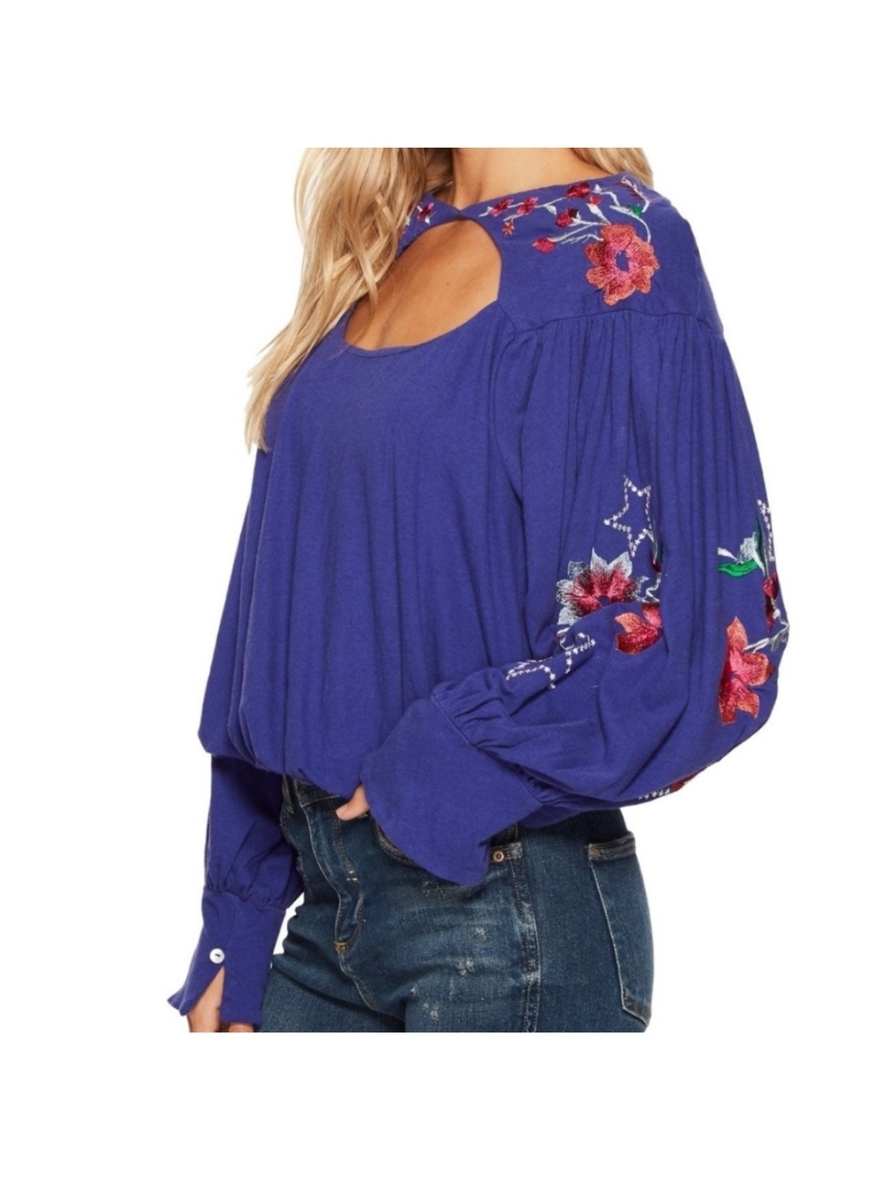 NWT Free People Royal Blue Embroidered Keyhole Peasant Blouse